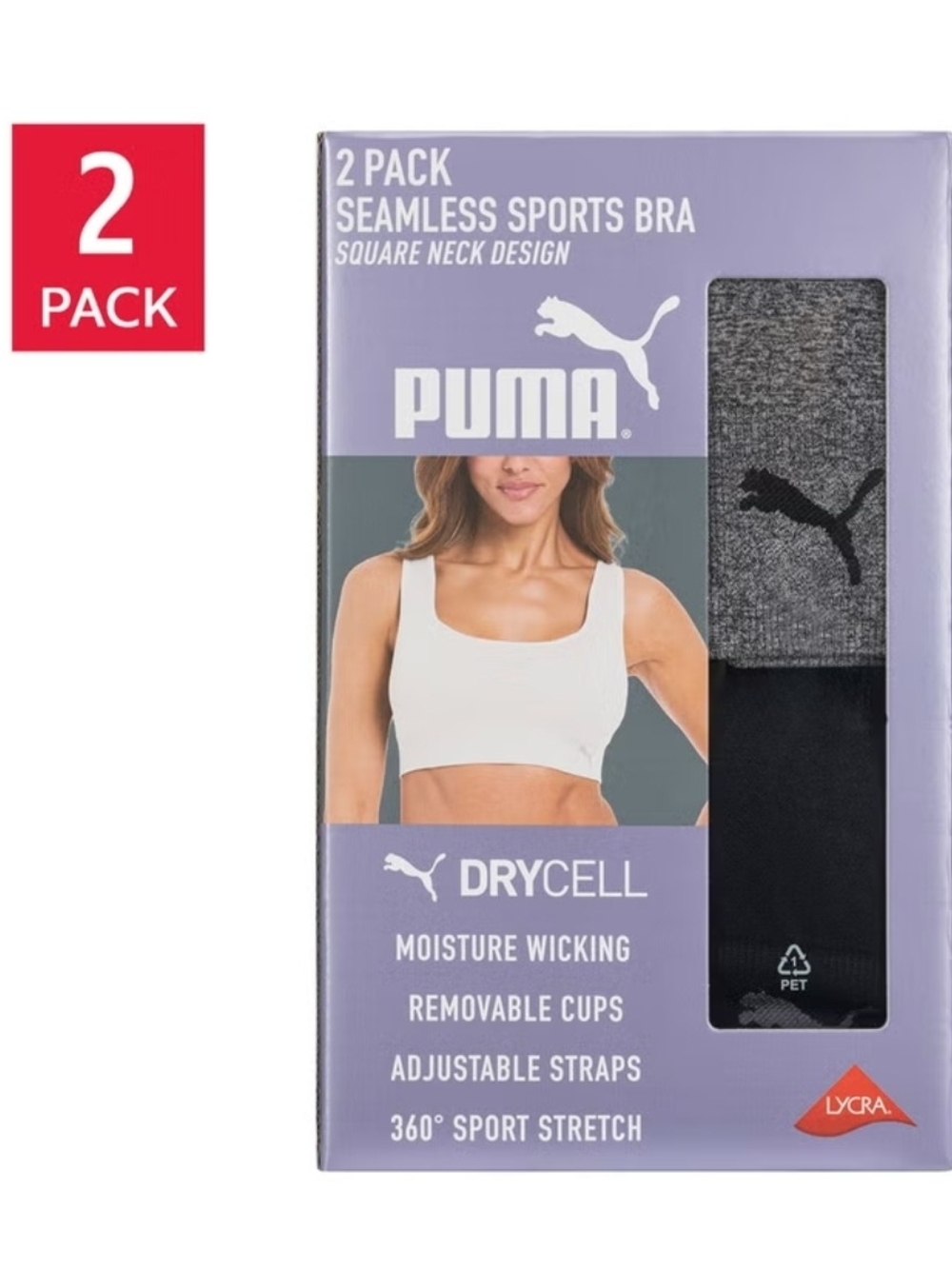 Puma - LARGE, Seamless Sports Bra 2-Pack - White, Black & Gray.